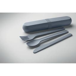 A grey utensil set featuring a knife, fork, spoon, and a storage case. The case has a smooth, cylindrical shape.