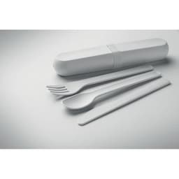 A white container with a logo, holding a fork, spoon, and knife, all in matching white.
