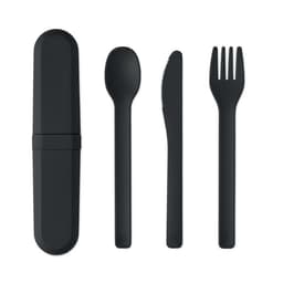 A cutlery set in black, including a fork, knife, spoon, and a storage case.