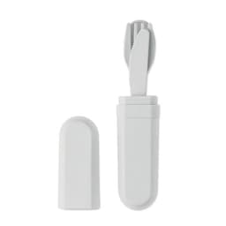 A compact, white utensil set with a fork and knife, neatly stored in a matching case.