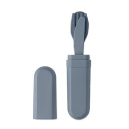 A portable utensil set in grey, featuring a fork, knife, and spoon, stored in a compact case.