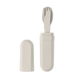 A soft grey utensil set featuring a knife and fork housed in a compact case. Includes a lid for storage.