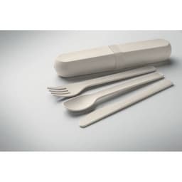 A portable cutlery set in light grey, including a fork, spoon, and knife, stored in a matching case.