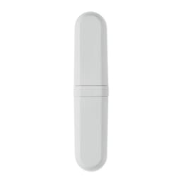 A white promotional drink bottle with a sleek, elongated design and a logo on the surface.