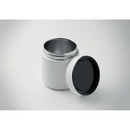A white container with a black lid, designed for holding food or snacks, featuring a smooth, round shape.