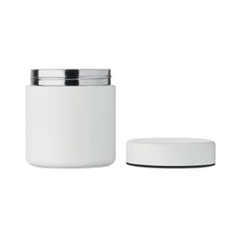A white container with a metal lid, featuring a smooth finish and a separate matching lid. It has a simple design.
