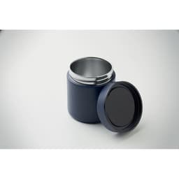 A navy food container with a silver internal lining and a black lid, featuring a smooth exterior.