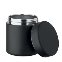 A black container with a metallic lid, featuring a smooth matte finish and a simple design.