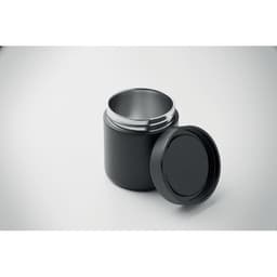 A black, stainless steel container with a removable lid, featuring a metallic interior.