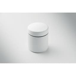 A white cylindrical container with a smooth lid and a sleek, minimalist design. It has a logo on the front.