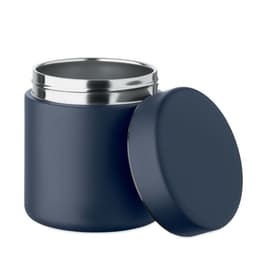 A navy drink bottle with a stainless steel interior and a fitted lid, featuring a smooth matte finish.