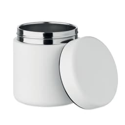 A white container with a metal lid, featuring a smooth surface and an open top. It has a simple design and a minimalistic look.