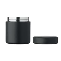 A matte black container with a stainless steel interior and a matching lid, featuring a logo.