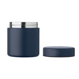 A navy blue snack container with a stainless steel interior and a matching lid beside it.