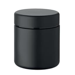 A black container with a round lid, featuring a smooth, matte finish and a minimalist design.