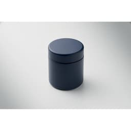 A navy blue storage container with a cylindrical shape and a smooth, fitted lid, featuring a simple design.