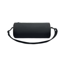 A black cylindrical bag with a shoulder strap, featuring a zipper closure and a simple design.