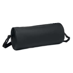 A black cylindrical bag with a zippered opening and adjustable straps. It features a logo on the side.