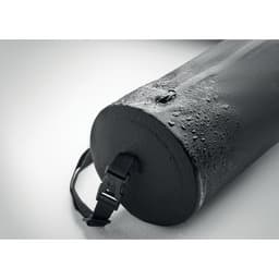 A black drink bottle with a textured surface, featuring a strap and water droplets. It includes a logo.