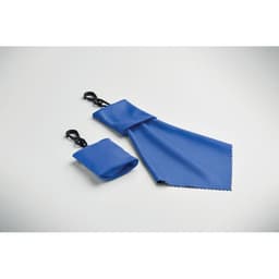 A blue cleaning cloth and pouch, both featuring attachment clips. The cloth is folded and lies beside the pouch.