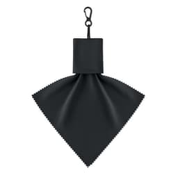 A black folding umbrella with a compact design and a clip for easy attachment.