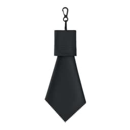 A black tie with a hook for attachment, featuring a sleek design and a pointed end.