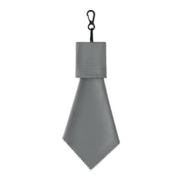 A grey cleaning cloth with a clip attachment, featuring a smooth, triangular shape.