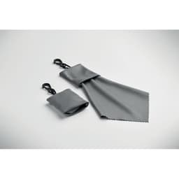 A grey cleaning cloth and pouch, both featuring loops for attachment, displayed on a light background.