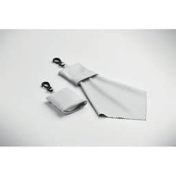 A grey cleaning cloth and pouch with clips, neatly folded and arranged on a light background.