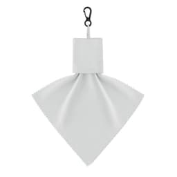 A white cleaning cloth with a hook at the top for easy attachment. It features a triangular shape and stitched edges.