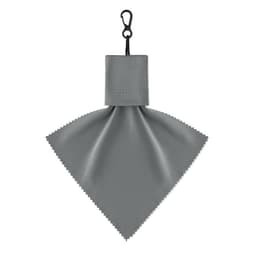 A grey microfibre cleaning cloth with a hook for attachment. It has a smooth, silky texture and a triangular shape.