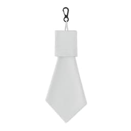 A white cleaning cloth with a clip for attachment, featuring a triangular shape and stitched edges.