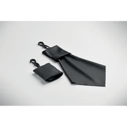 A cleaning cloth and pouch in black, designed for lens or screen care. The pouch features a fastening clip.