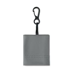 A grey pouch with a hook for easy attachment, featuring a simple stitched design.