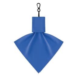 A blue compact umbrella with a matching pouch and a hook for attachment. The umbrella is folded in a triangular shape.