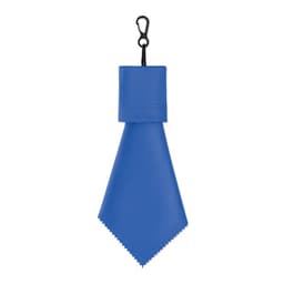 A blue clip-on tie with a smooth texture and a hook attachment for easy carrying.