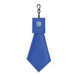 A blue cleaning cloth with a foldable design and a clip. Features a logo on the top section.