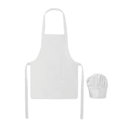 A white chef's apron with ties and a matching chef hat, both designed for children.