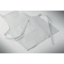 A white apron with ties and a front pocket, featuring a smooth, glossy finish. It has a branding logo present.