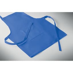 A blue kid's apron featuring a pocket and long ties for fastening.