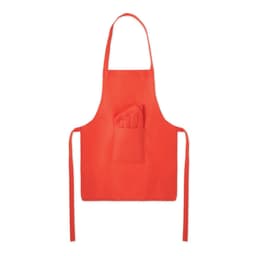 A red apron featuring a pocket, with long ties for securing around the waist. It has a simple, functional design.