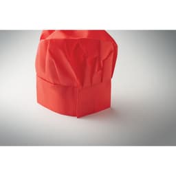 A red chef's hat with a pleated design, featuring a sturdy base and a vibrant hue.