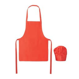 A red apron and matching chef's hat, both suitable for kids, featuring ties and a classic design.