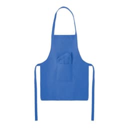 A blue apron with a pocket and ties for adjustment. The apron features a simple and plain design.