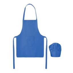 A blue apron with ties and a matching chef's hat, featuring a front pocket. The image includes a logo.