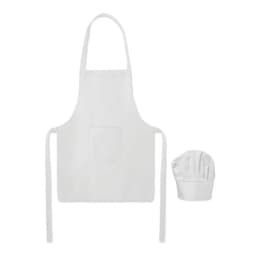 A white kid-sized apron and matching chef hat with a pocket, designed for children's culinary activities.
