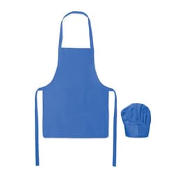 A blue apron and matching chef's hat neatly arranged. The apron features ties at the waist and neck.
