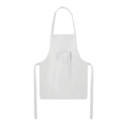 A white apron featuring a front pocket and long ties for adjustment. It has a simple, classic design.