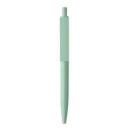 A mint green pen with a sleek design and a cap at the top, featuring a logo on the body.