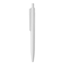 A white pen with a clip, featuring a smooth, sleek design and a pointed tip for writing.